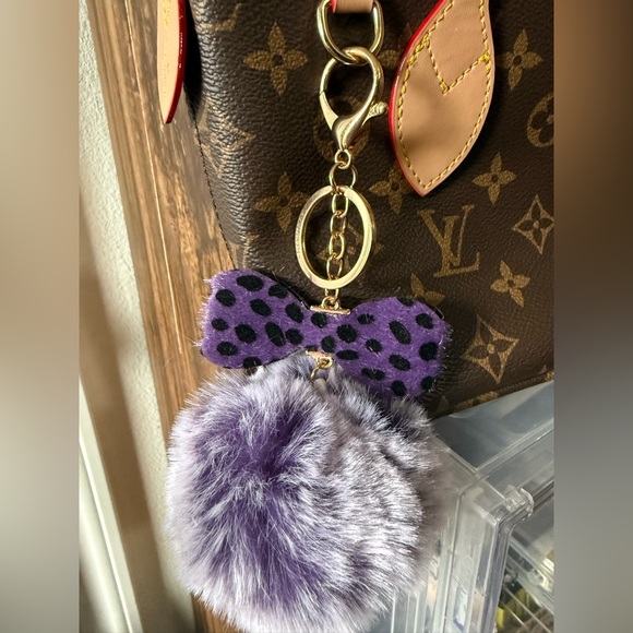 Purple bow Keychain / bag charm with fluffy Purple Ombre  Pom Pom - Picture 2 of 2